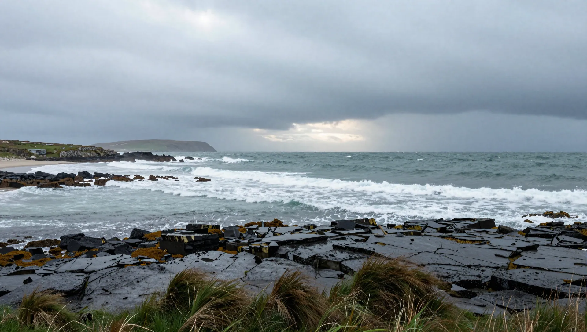 Stormy Atlantic swells breaking on a rocky Irish headland under low grey clouds, wind-bent grass in the foreground.