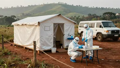 Health workers in protective suits at a rural Ebola isolation ward at dawn, with a specimen box, handwashing station and ambulance.