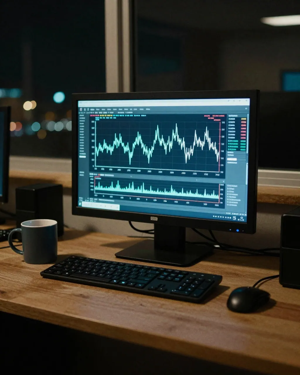 A dark trading desk with a glowing monitor showing a jagged price line and a mug beside a keyboard.