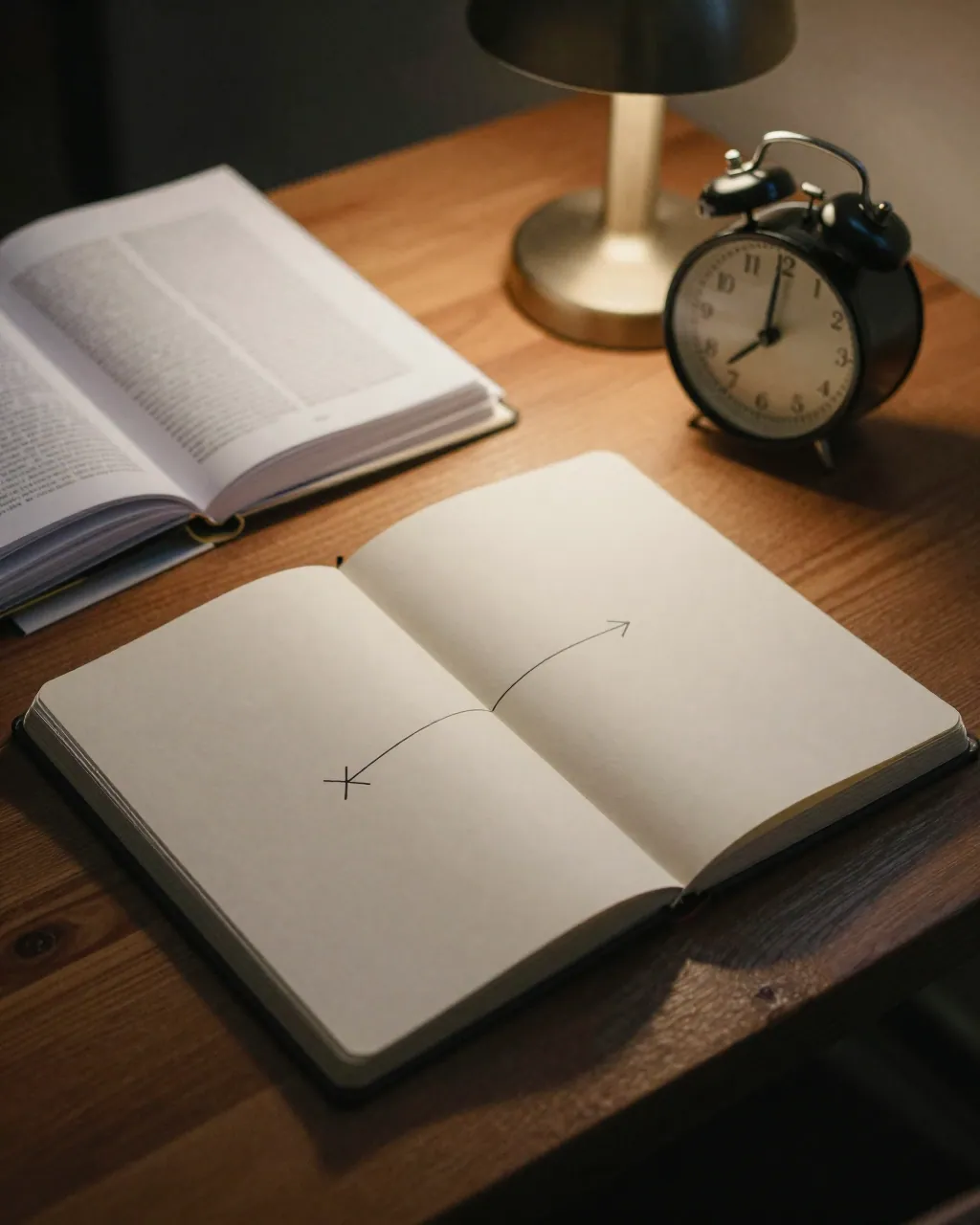 A desk at dusk with an open notebook of arrows, a small clock and a lamp casting warm light.