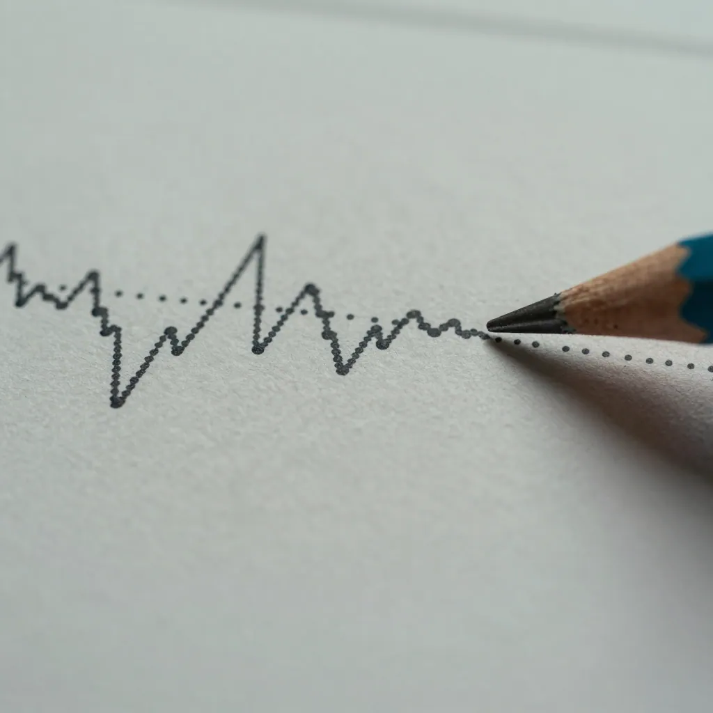 Close-up of a printed line chart with a pencil tip resting near the curve.