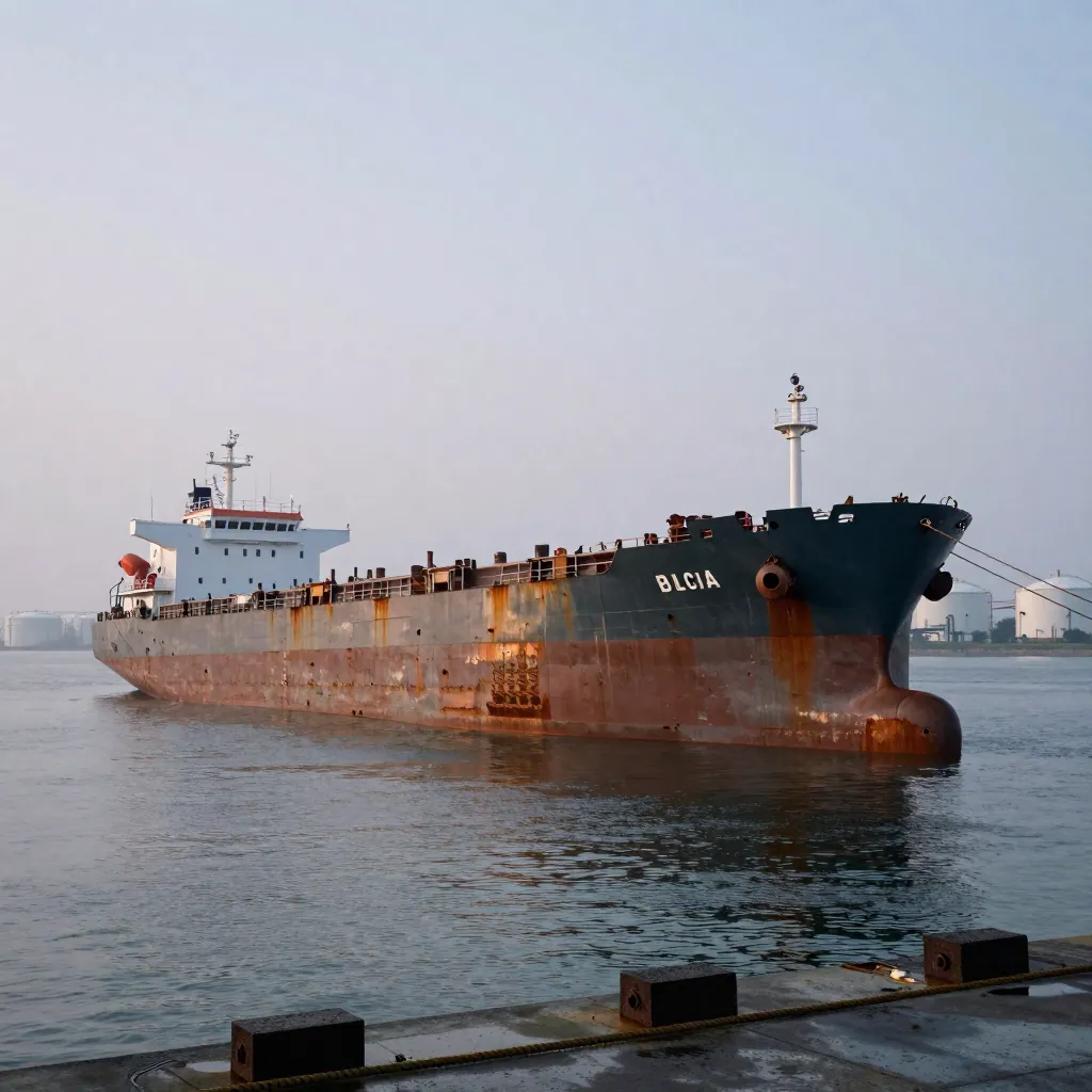 A crude tanker moored at a terminal berth at dawn with storage tanks in the distance.