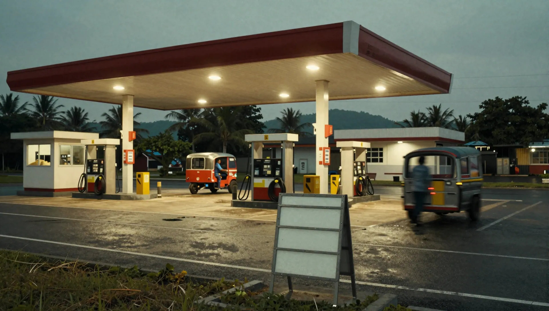 Philippine roadside fuel station at dusk with pump islands, passing jeepney and tricycle, and a blank price board