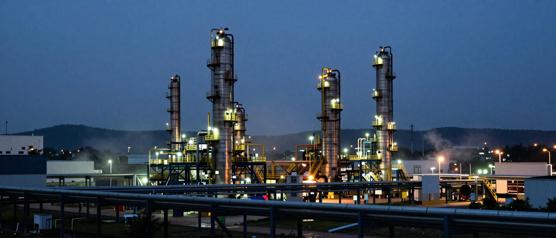 A wide view of an oil refinery at blue hour with lit walkways and low mist.