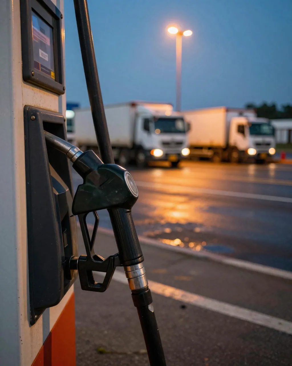 A worn diesel fuel nozzle in its holster at a roadside station, trucks blurred in warm dusk light behind.