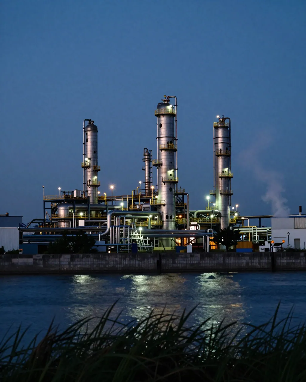 Refinery towers and pipework at blue hour reflected across calm water, steam rising into an indigo sky.