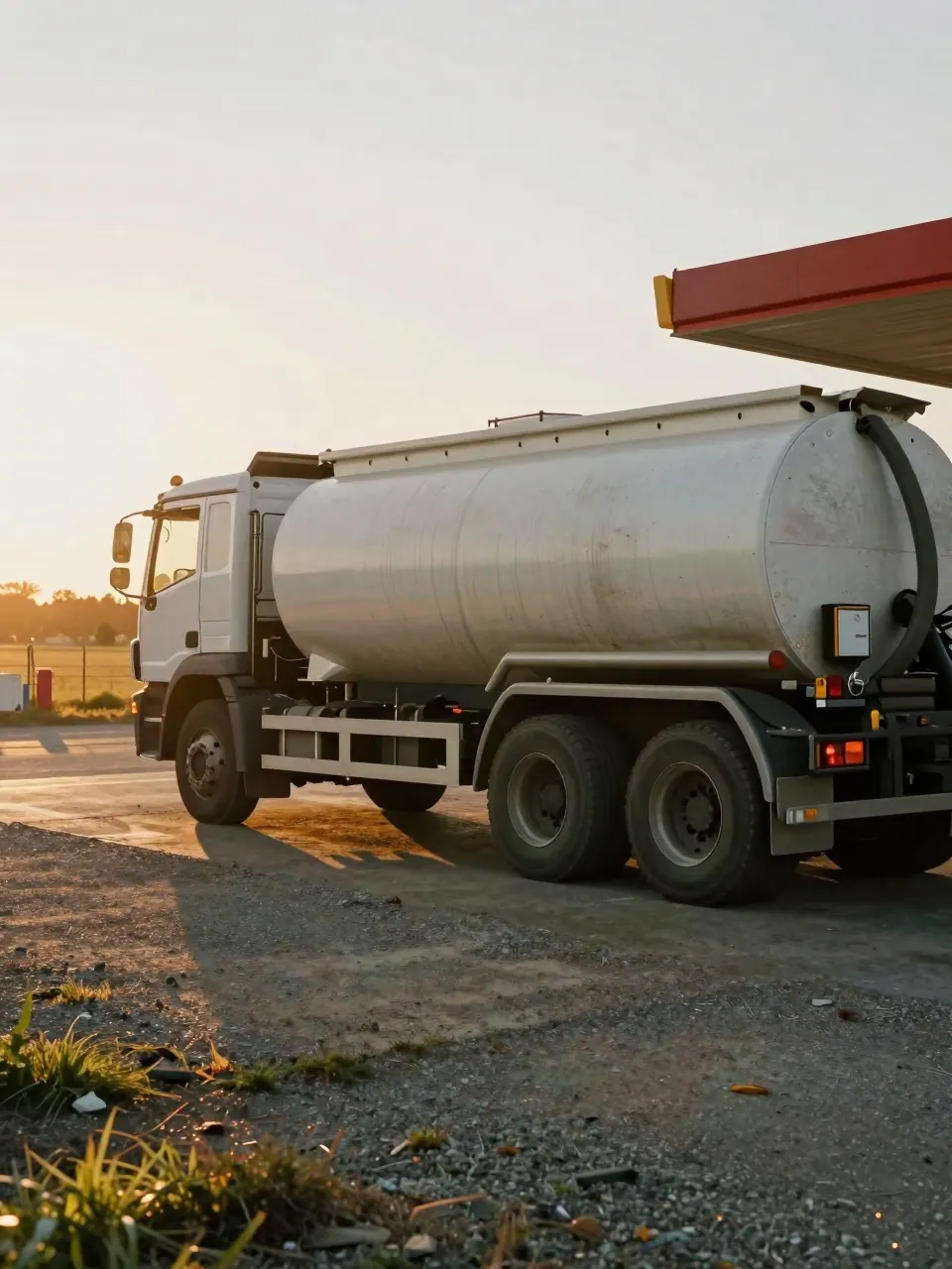 A dusty heavy truck at a rural fuel stop in low golden light, long shadow across gravel.
