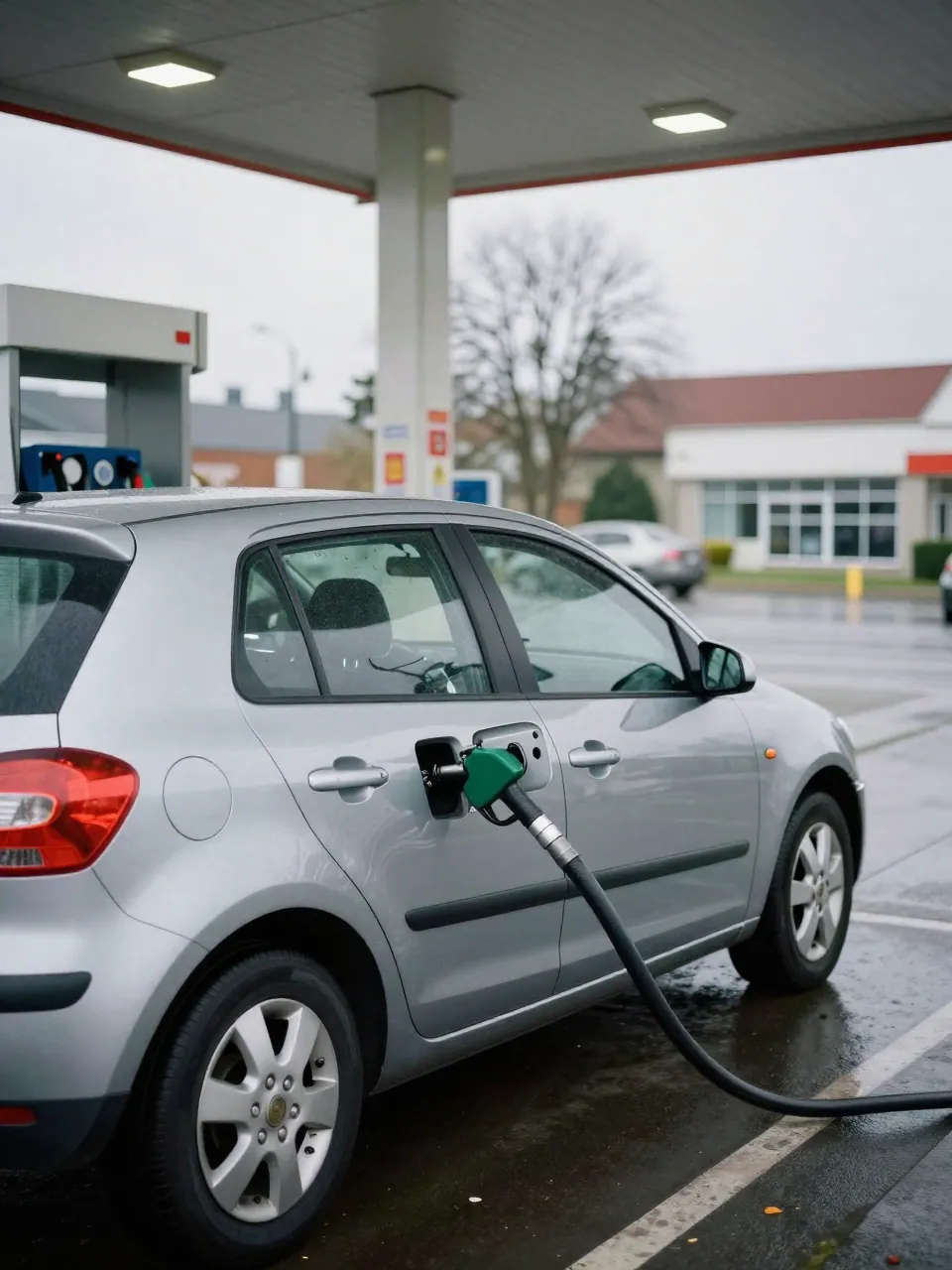 A small car at a city filling station with a fuel nozzle in its open flap under overcast light.