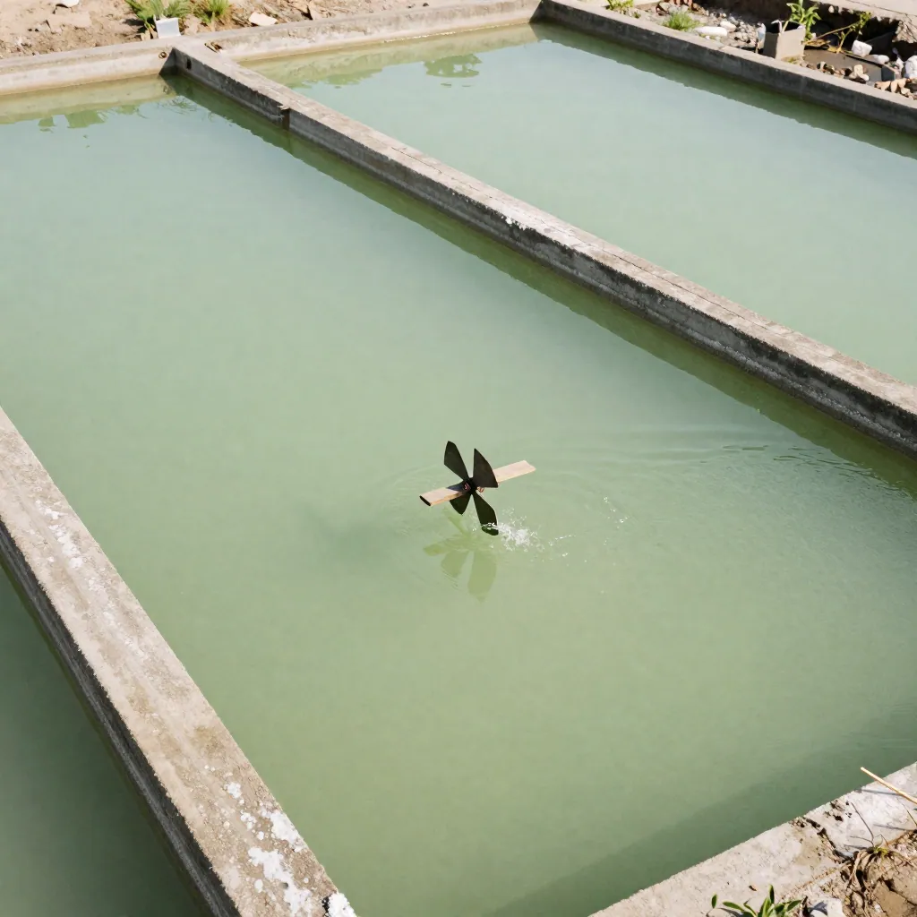 Overhead close-up of shallow green algae cultivation channels with salt-crusted concrete edges in bright sun.