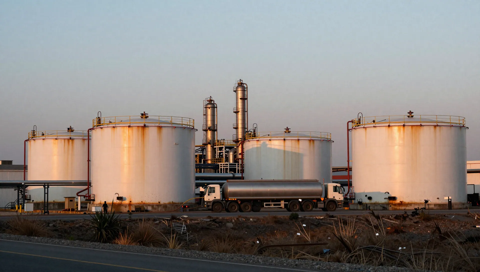 Row of steel diesel storage tanks and a tanker at a loading gantry, refinery towers silhouetted at dusk