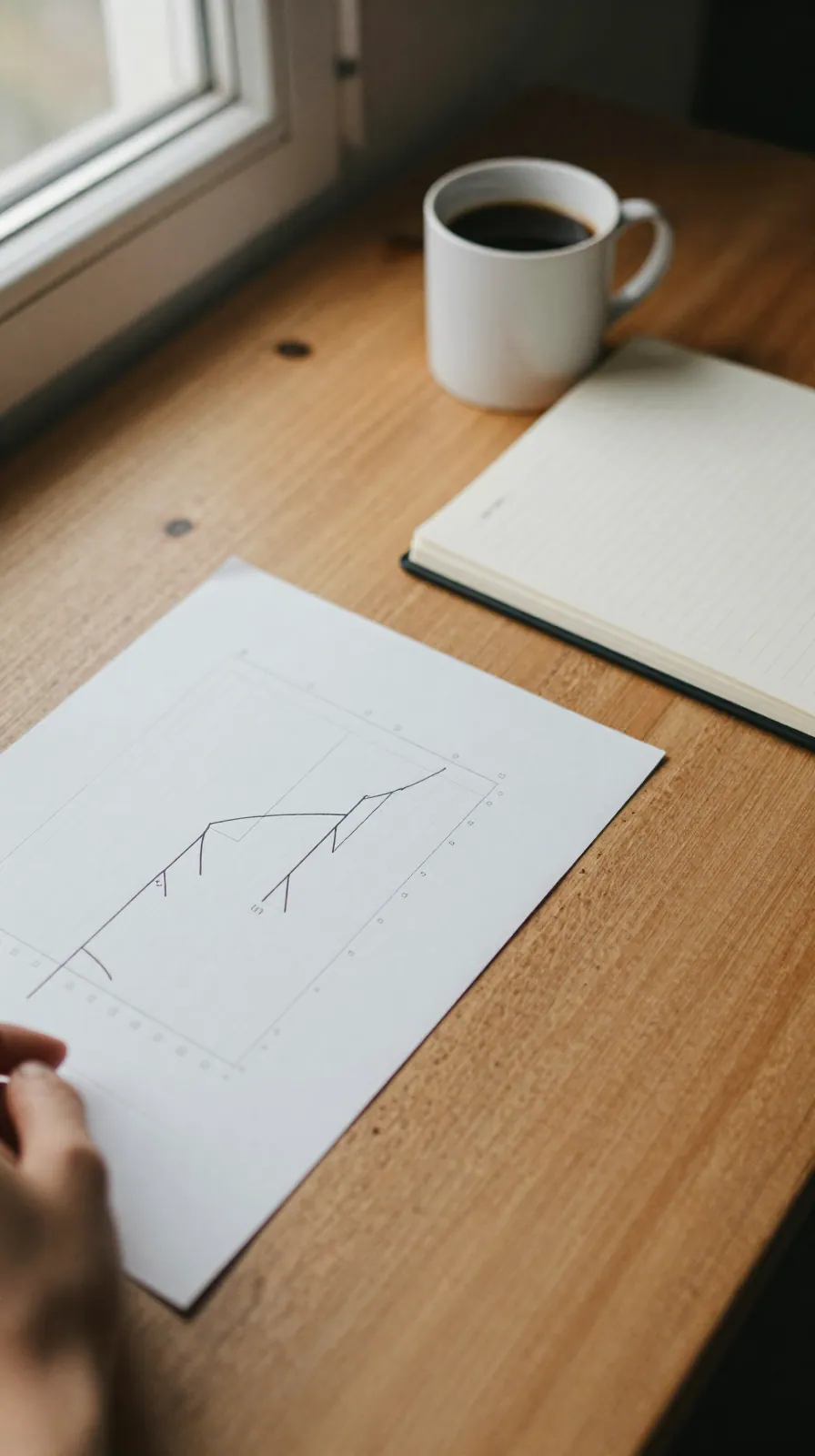 Overhead view of printed line graphs on a wooden desk beside a notebook and coffee mug in soft window light.