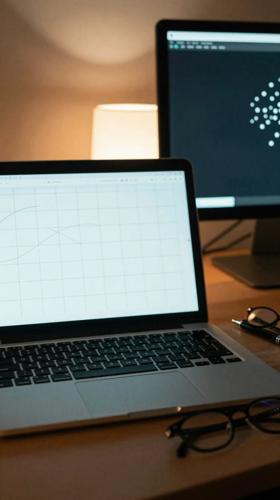 Laptop and monitor glowing with abstract curves in a dim room, pen and glasses on the table.