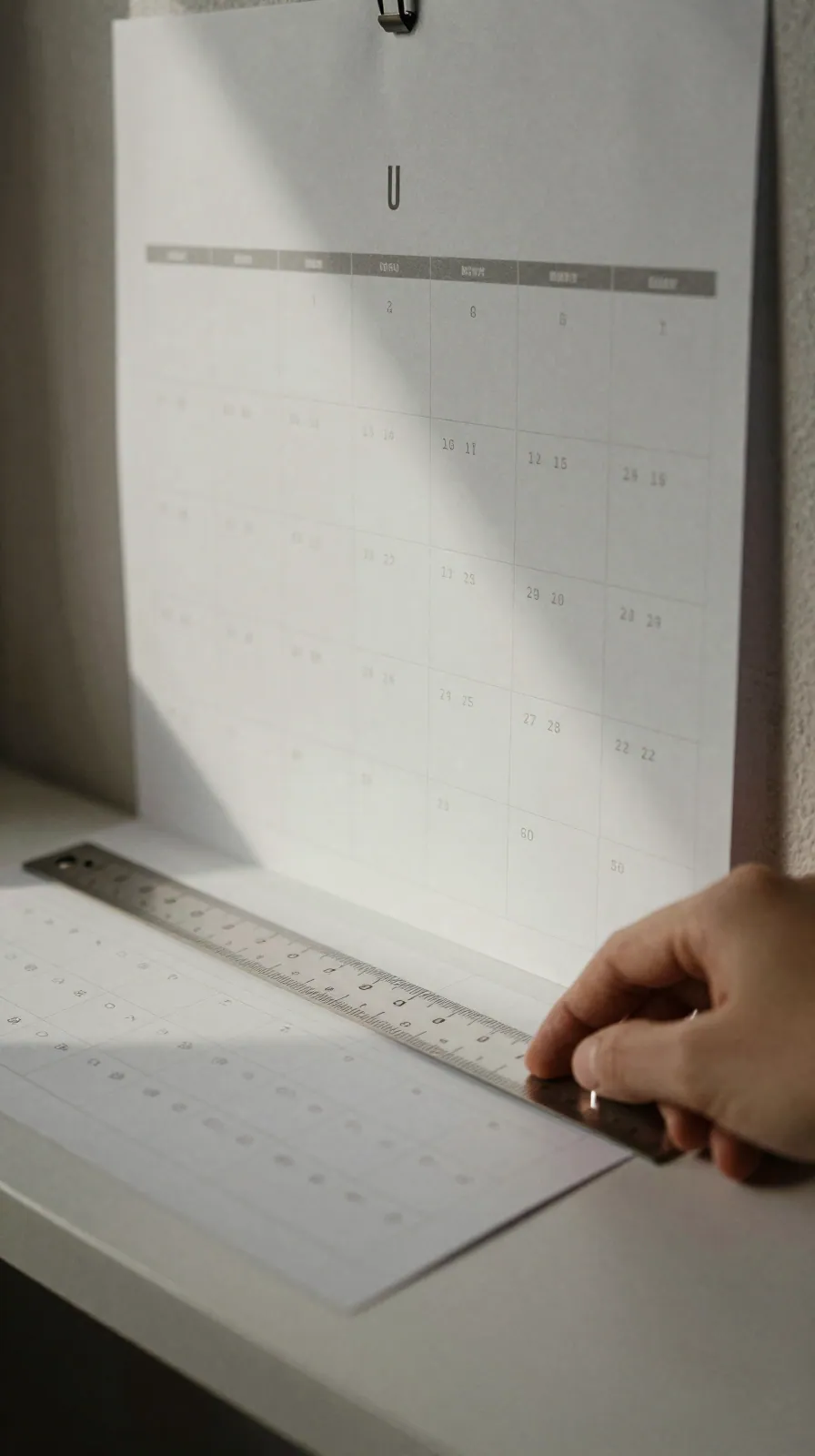 A hand sliding a paper strip over a printed chart beside a ruler and wall calendar in morning light.