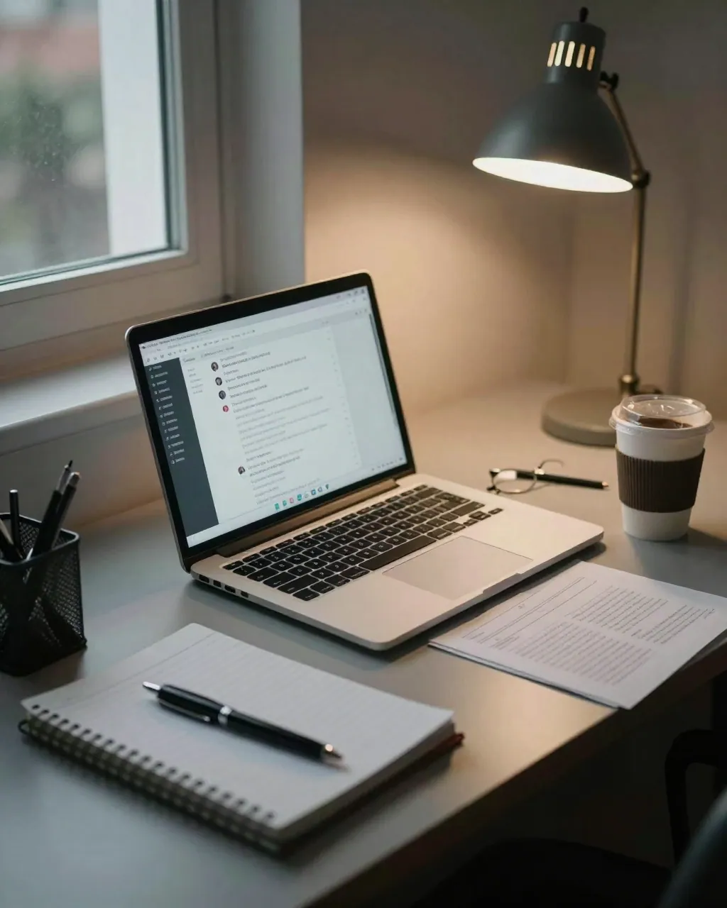 A dim newsroom desk with a glowing laptop showing a chat window, notebook and coffee, lit by a desk lamp.