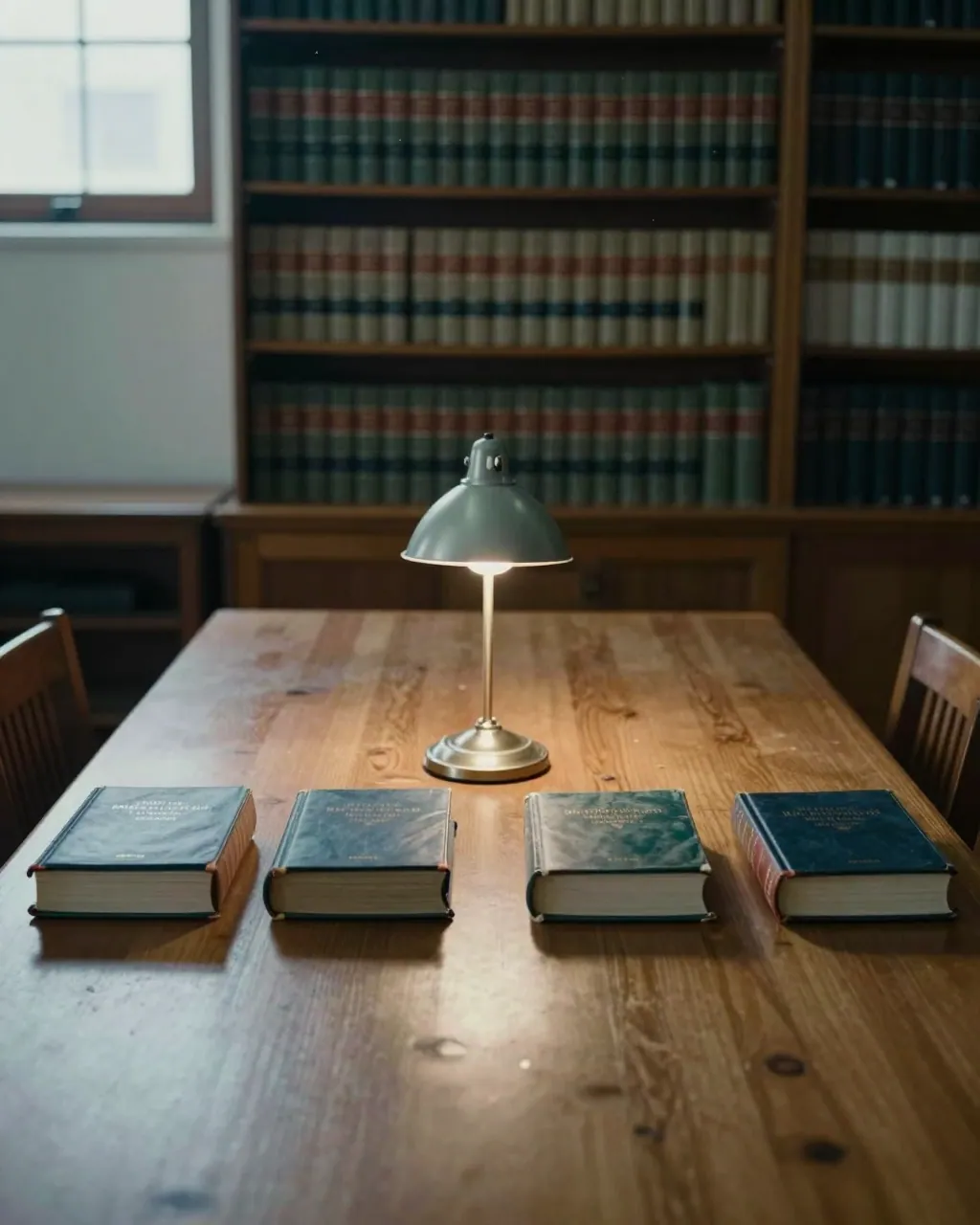 Four bound statute volumes spaced on a library table under a lamp, shelves receding into shadow behind.