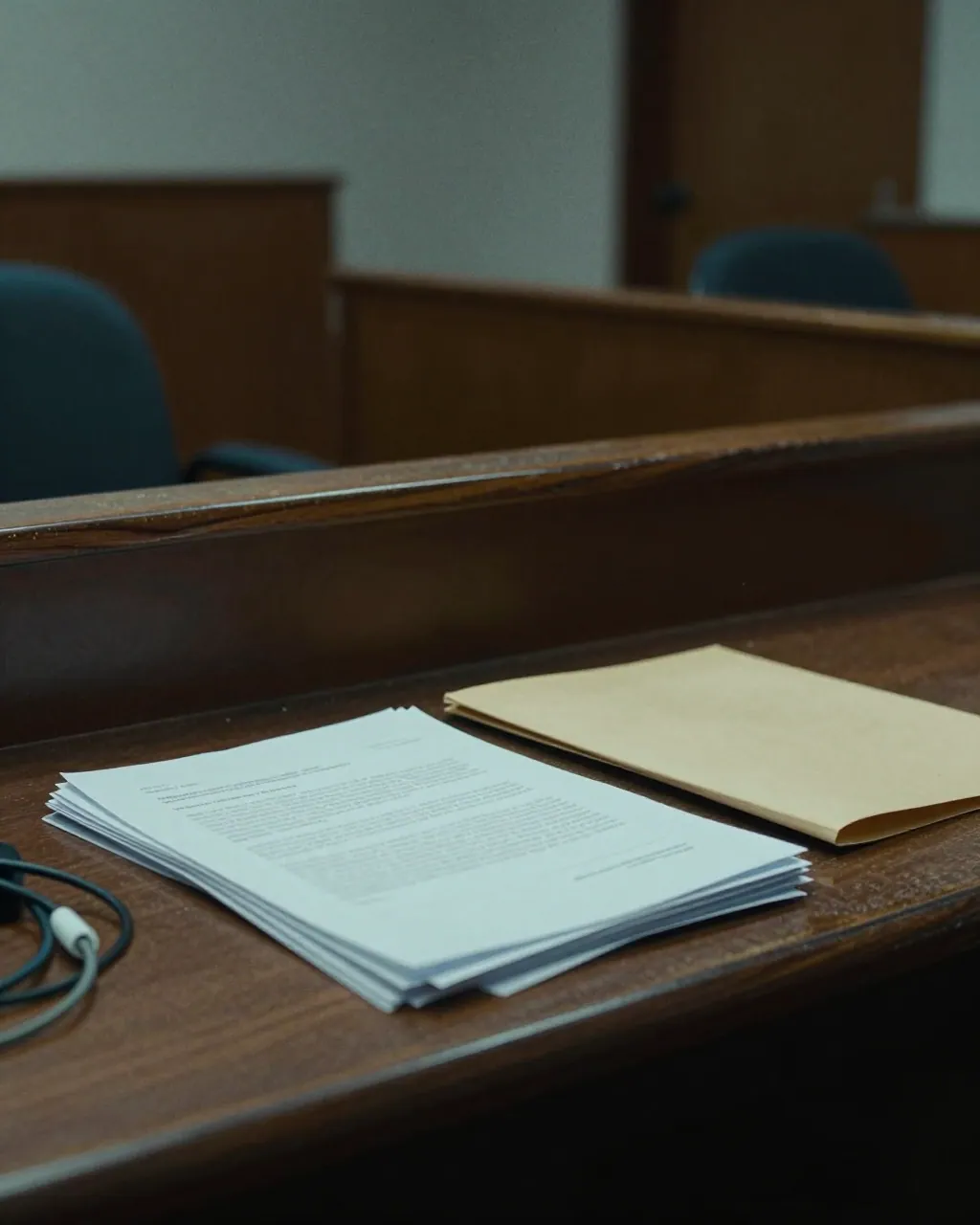 A courtroom table with documents, a sealed folder and tangled cables, dark wood panelling behind.