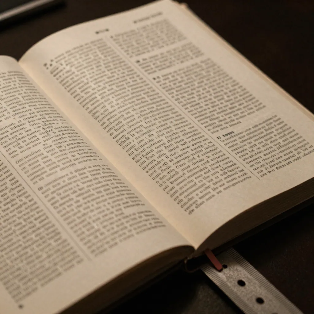 Close-up of an open law book with dense printed columns, a finger at the margin and a metal ruler.