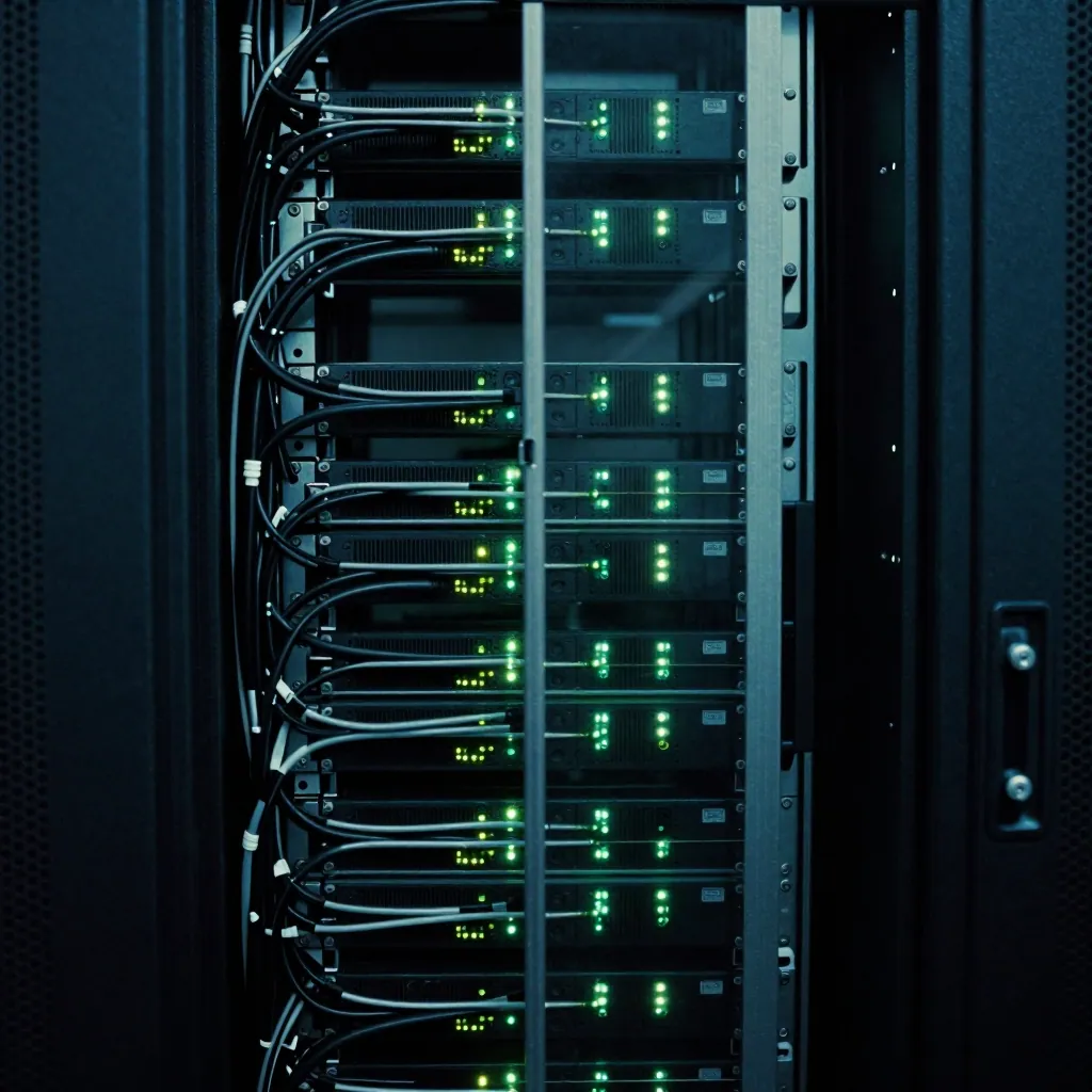 Macro view of a server rack with dense black cabling and small blinking indicator lights in cool light.