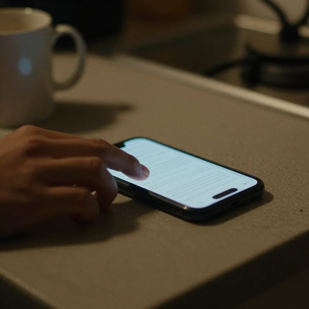 A hand resting on a glowing phone on a dark kitchen table beside a mug, screen blurred.