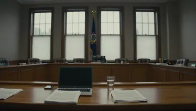 Empty statehouse hearing room with a committee table, closed laptop, documents, and vacant chairs in pale winter light.