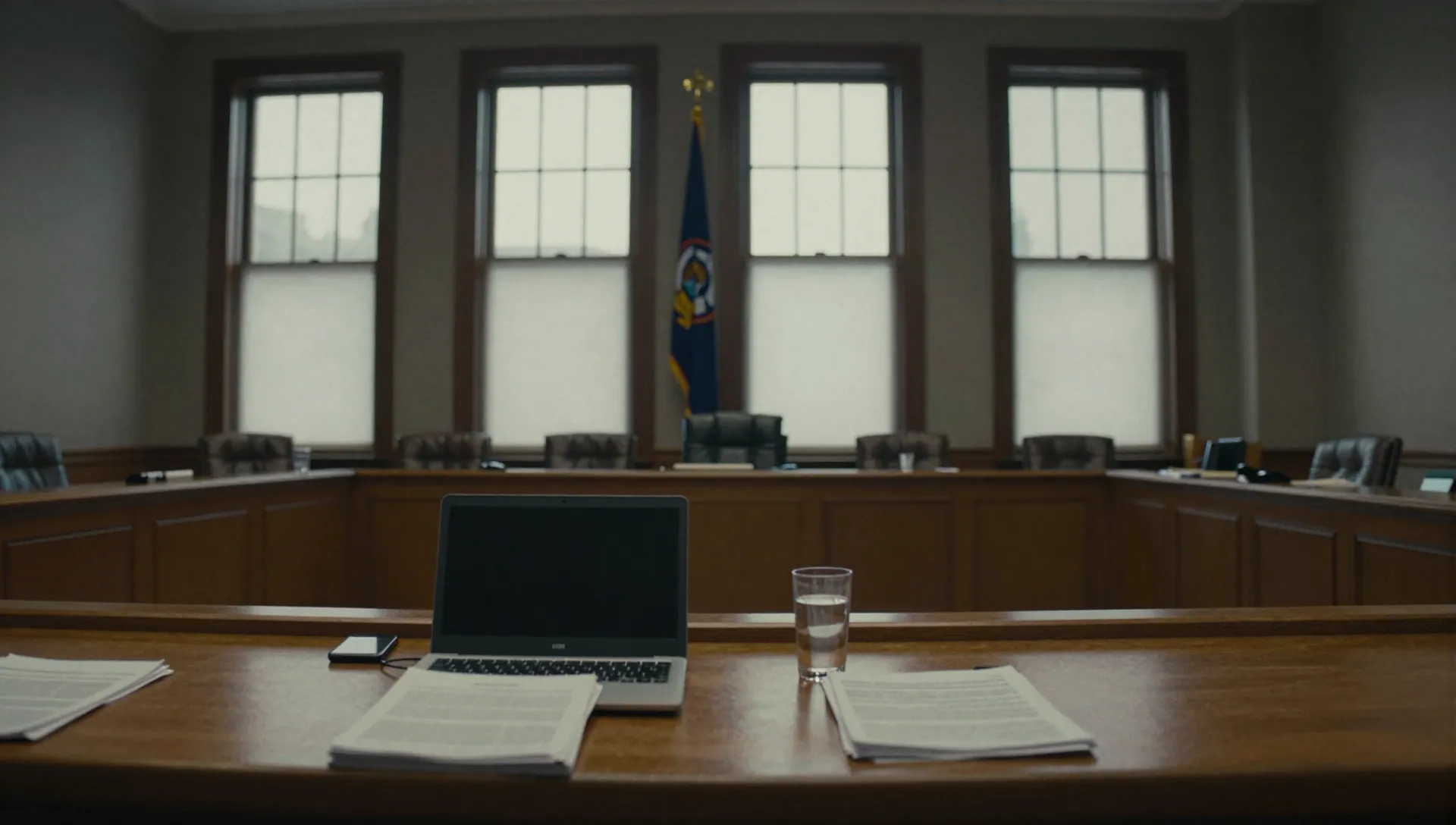 Empty statehouse hearing room with a committee table, closed laptop, documents, and vacant chairs in pale winter light.