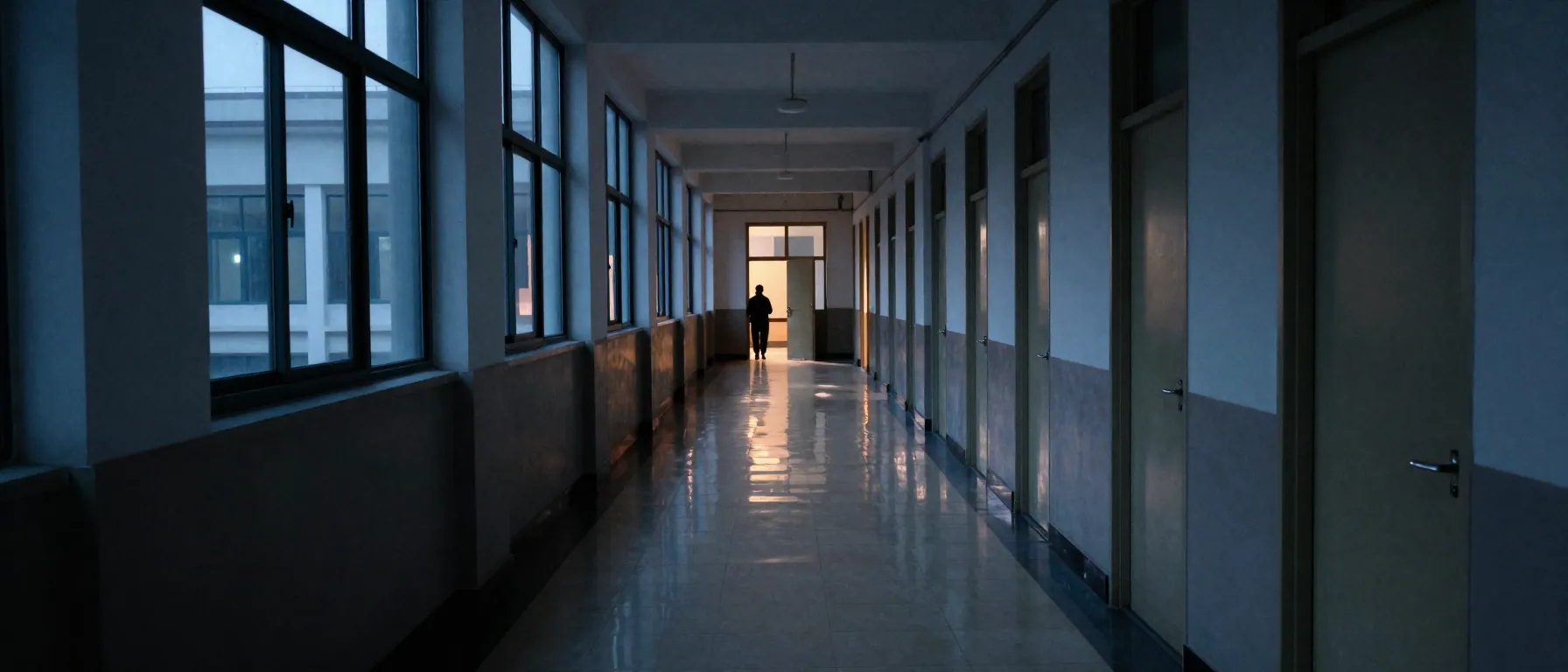 A long empty corridor at dusk with tall windows, polished floor reflections and a distant indistinct figure.