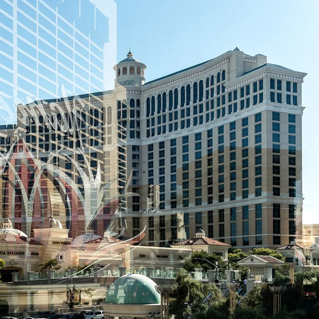 Reflection of the Flamingo Hotel in front of the Bellagio