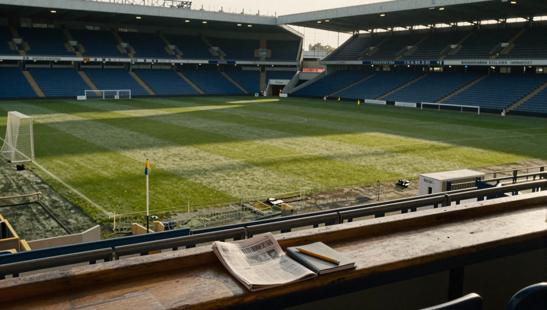Empty English football stadium pitch in autumn afternoon light, with a notebook and pencil on a press desk in the foreground.