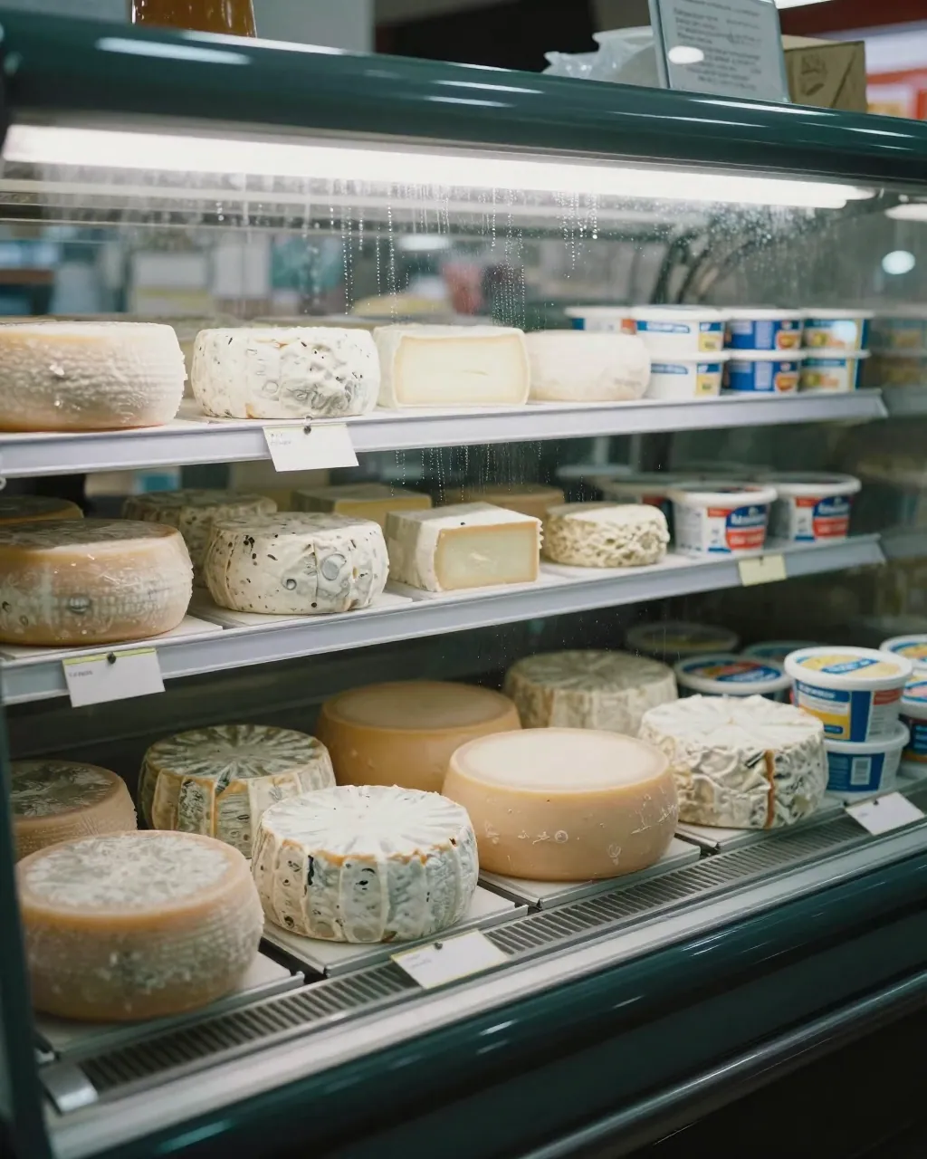 Refrigerated cheese display case with soft cheeses and a few empty gaps on the shelves.