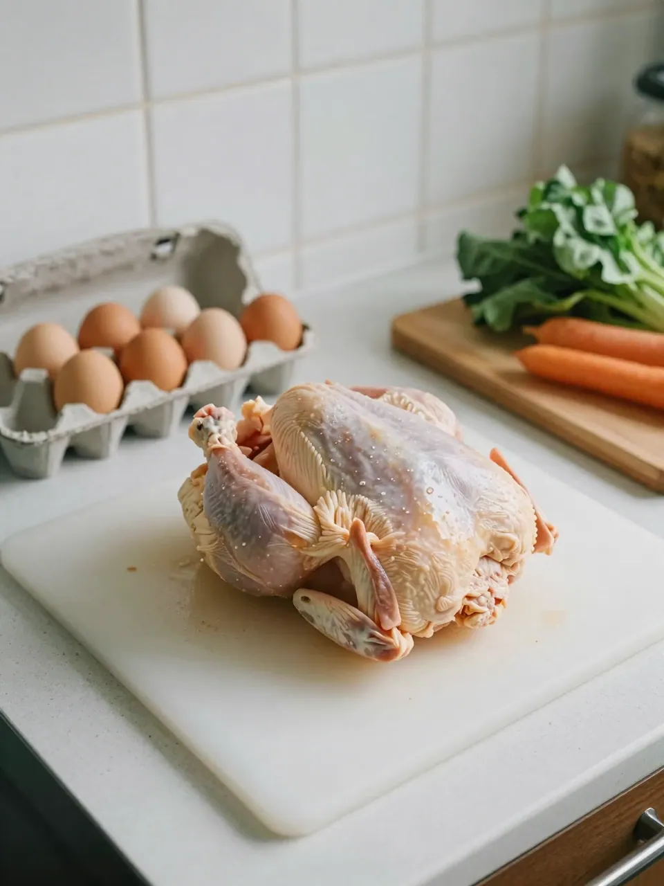 Raw chicken on a cutting board beside an egg carton and a vegetable board.
