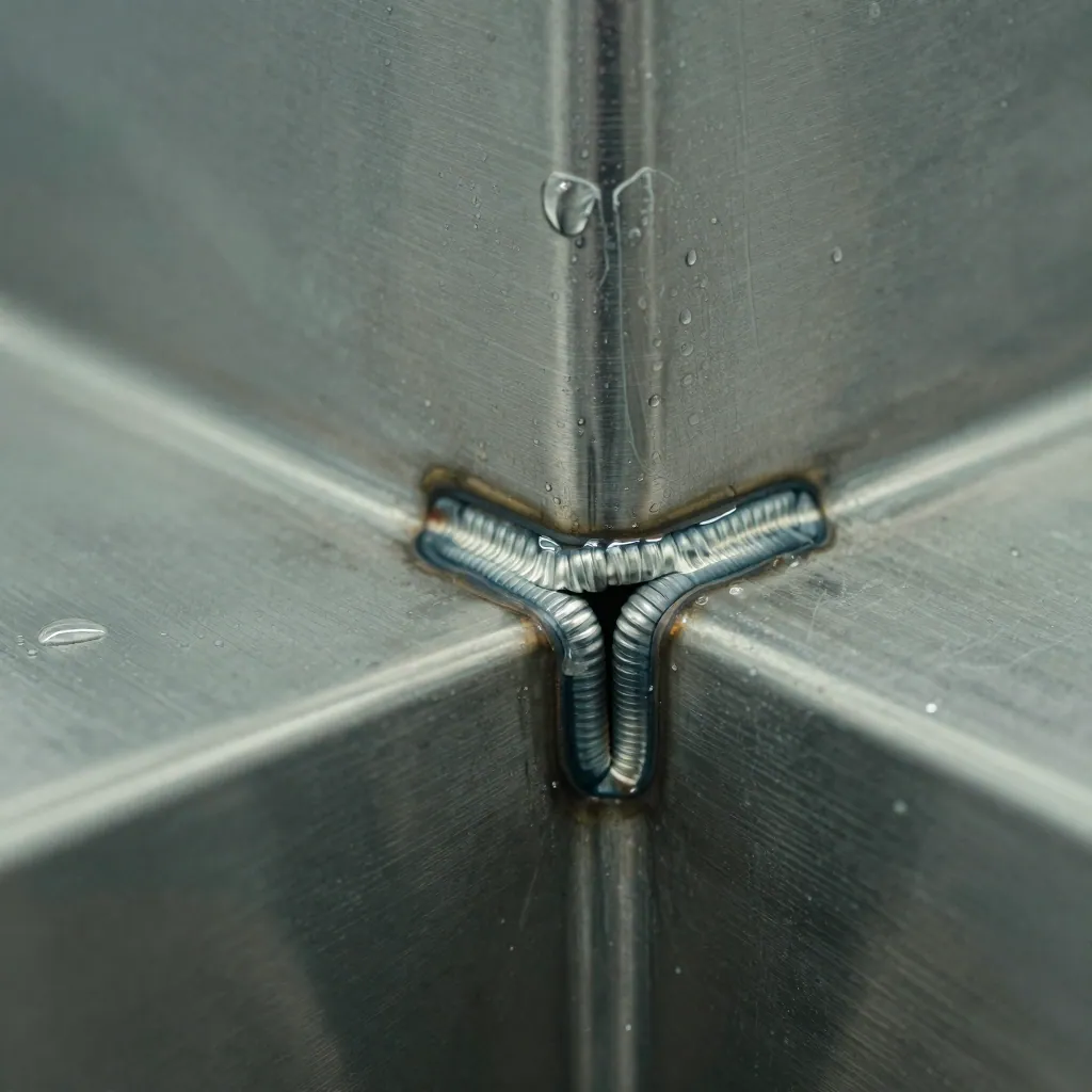 Macro view of a wet stainless steel processing surface with residue along a seam.