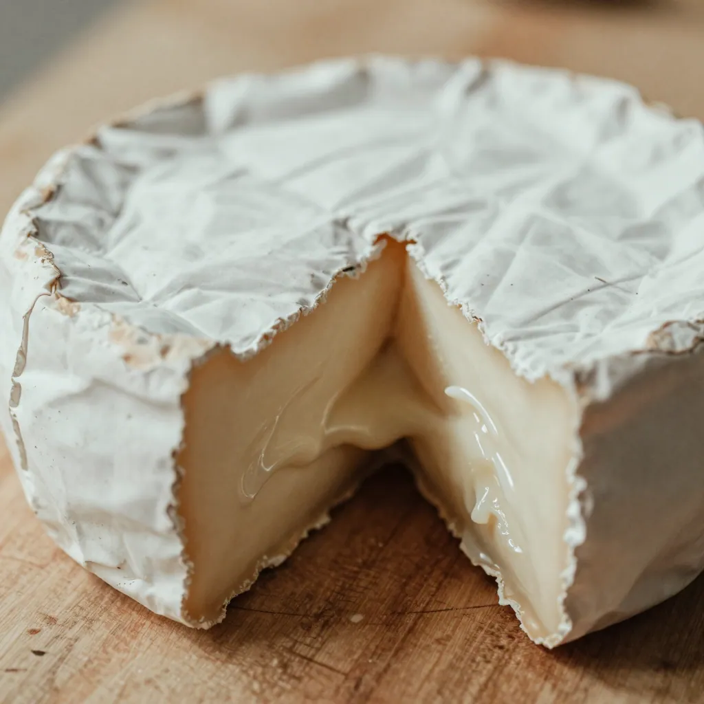 Cut soft-ripened cheese showing a white rind and creamy interior on a wooden board.