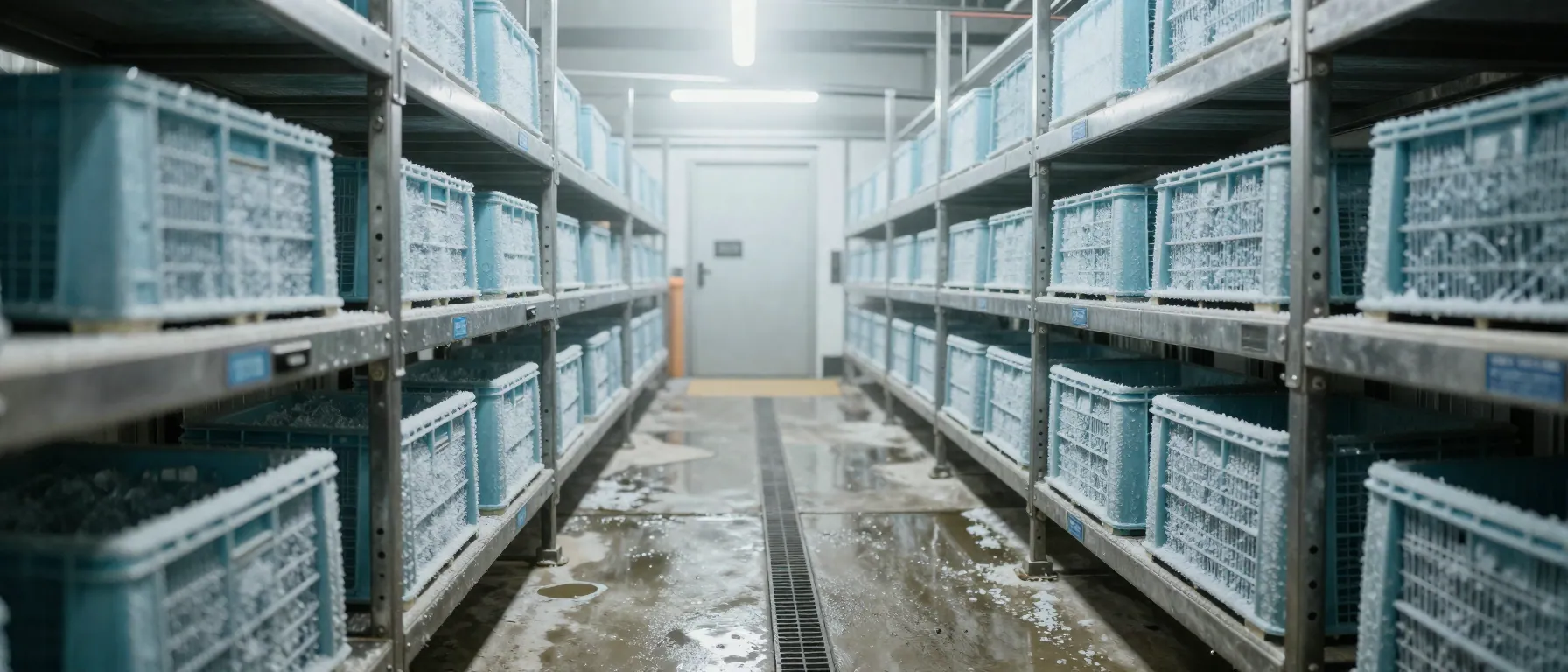 Walk-in cold room with steel shelving, crates, frosted coils and a wet floor.