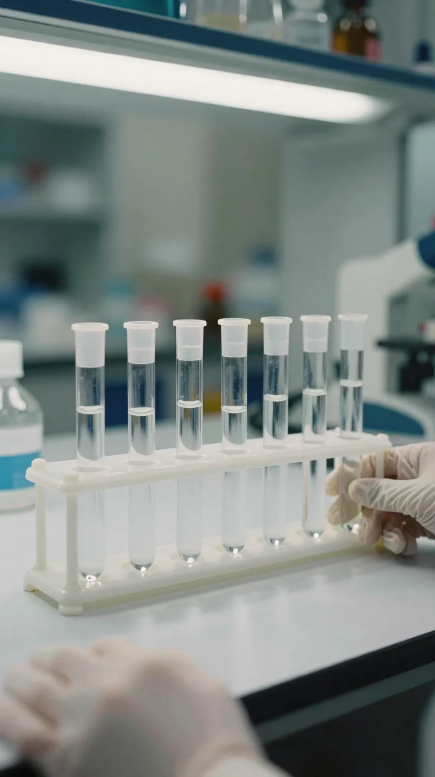 Row of sealed sample tubes in a rack on a laboratory bench under cool light.