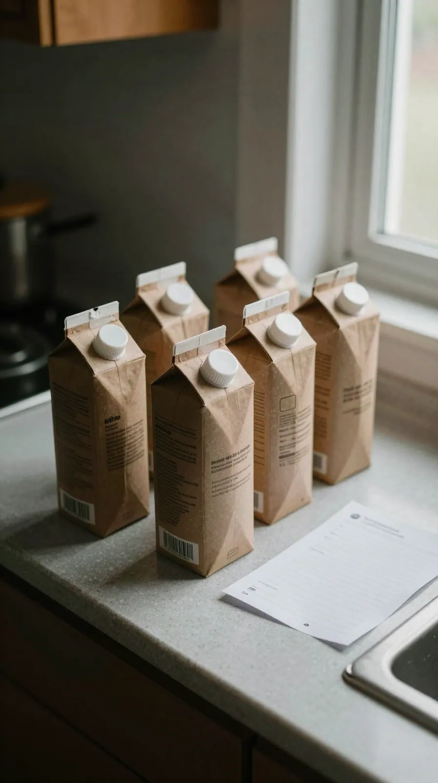 Opened drink cartons and bottles on a kitchen counter set out for sampling.