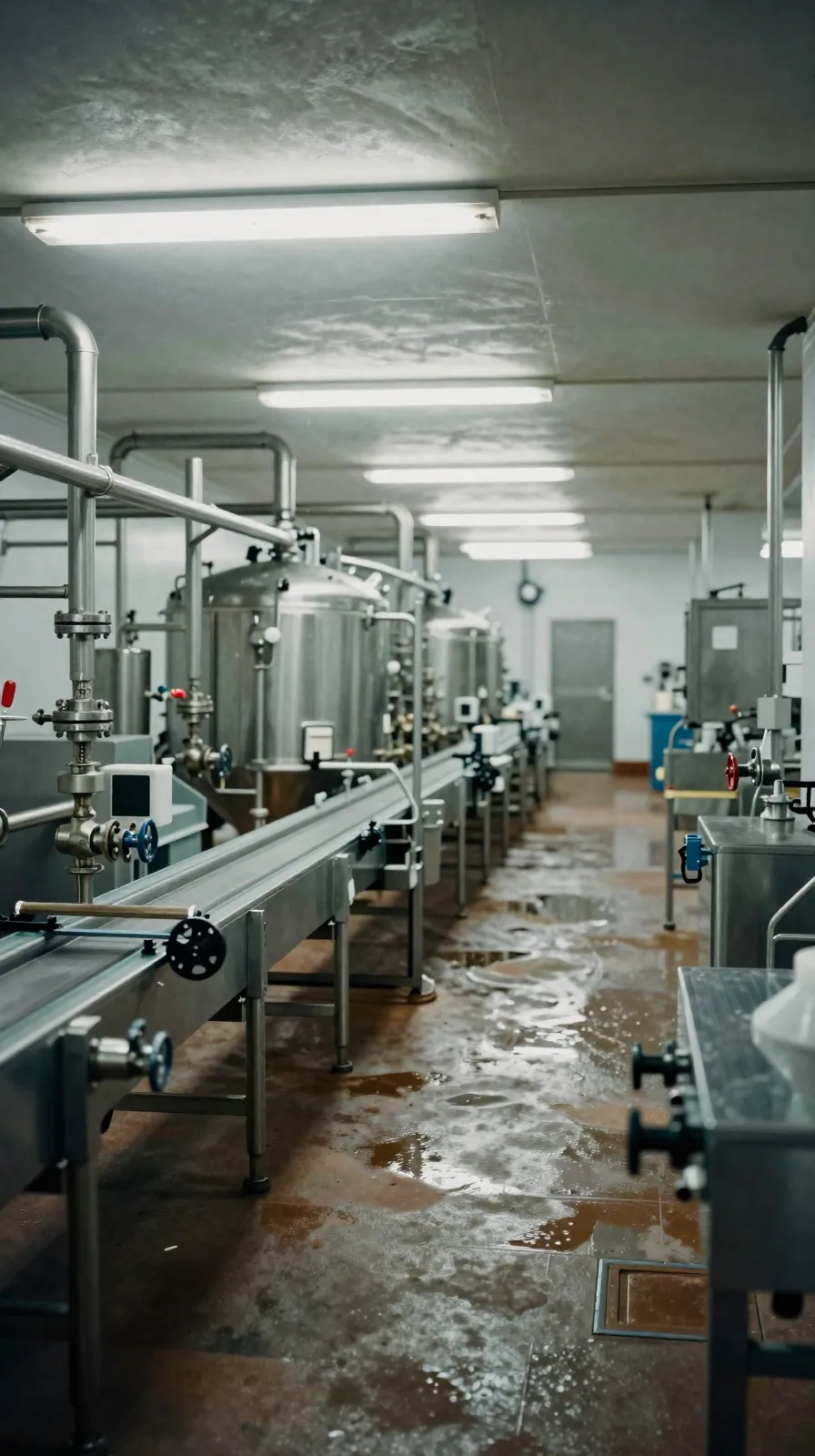 Stainless steel processing line with pipes and conveyor inside a plant.