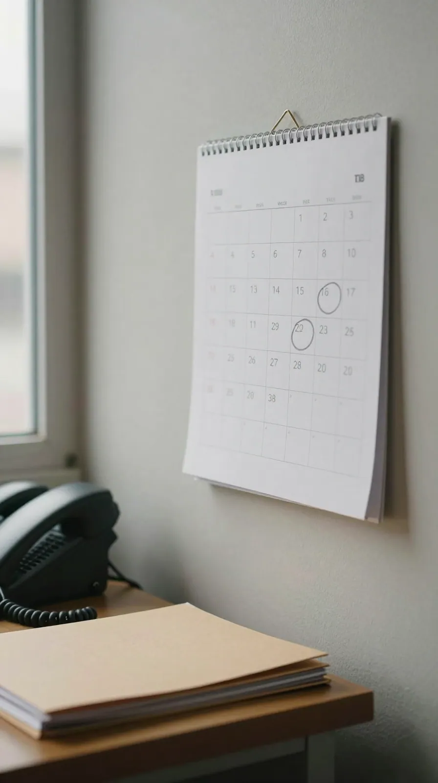 Wall calendar with two weeks circled in pencil above a desk with a folder.