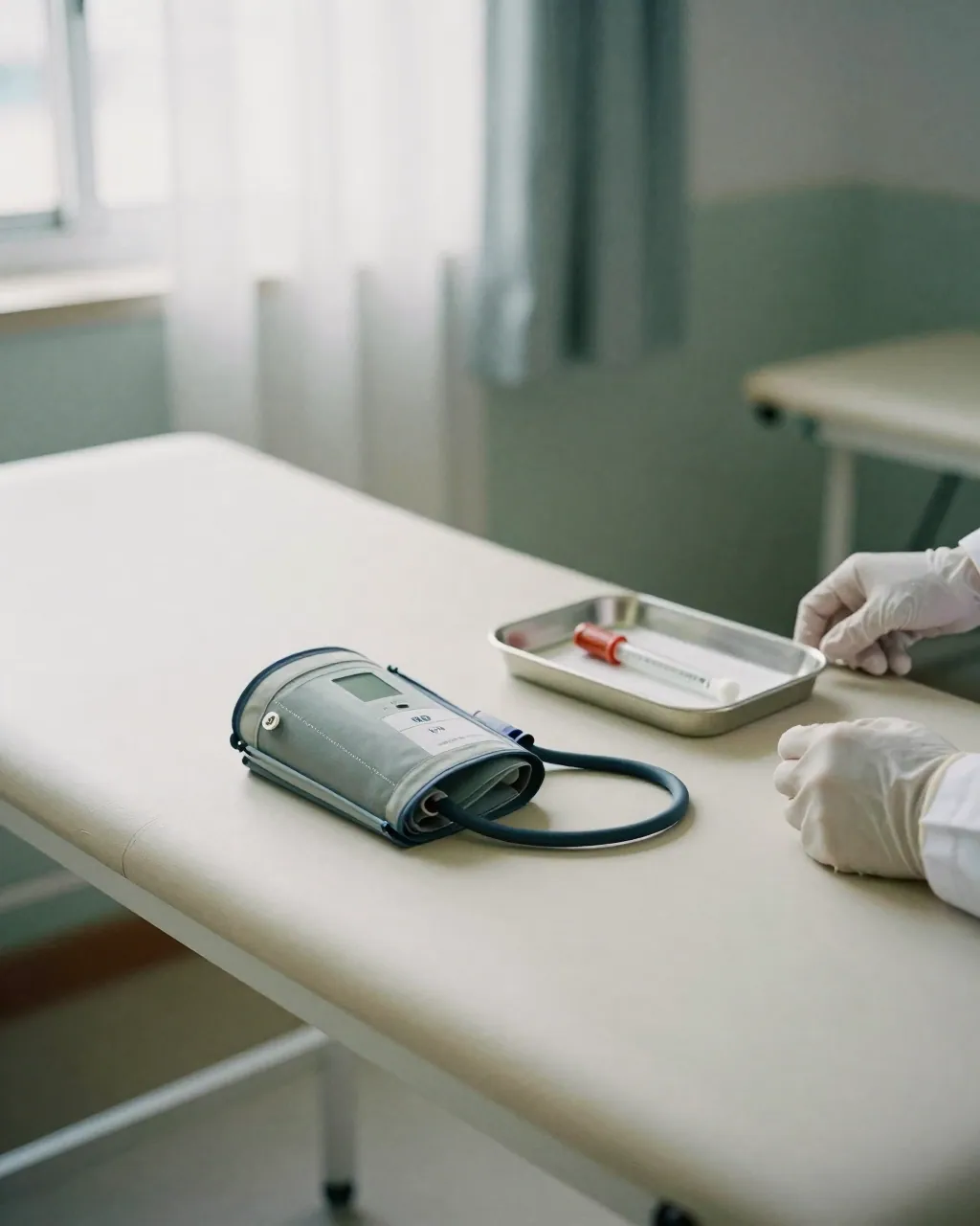 Clinic exam table with blood-draw supplies and a blood-pressure cuff in soft daylight.