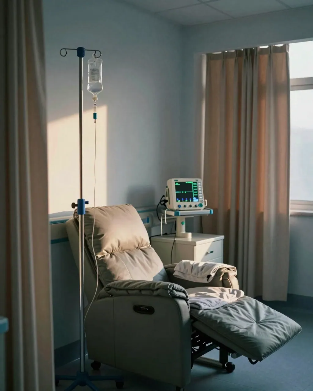 Hospital infusion bay with IV pole, reclining chair and blanket in soft afternoon light.