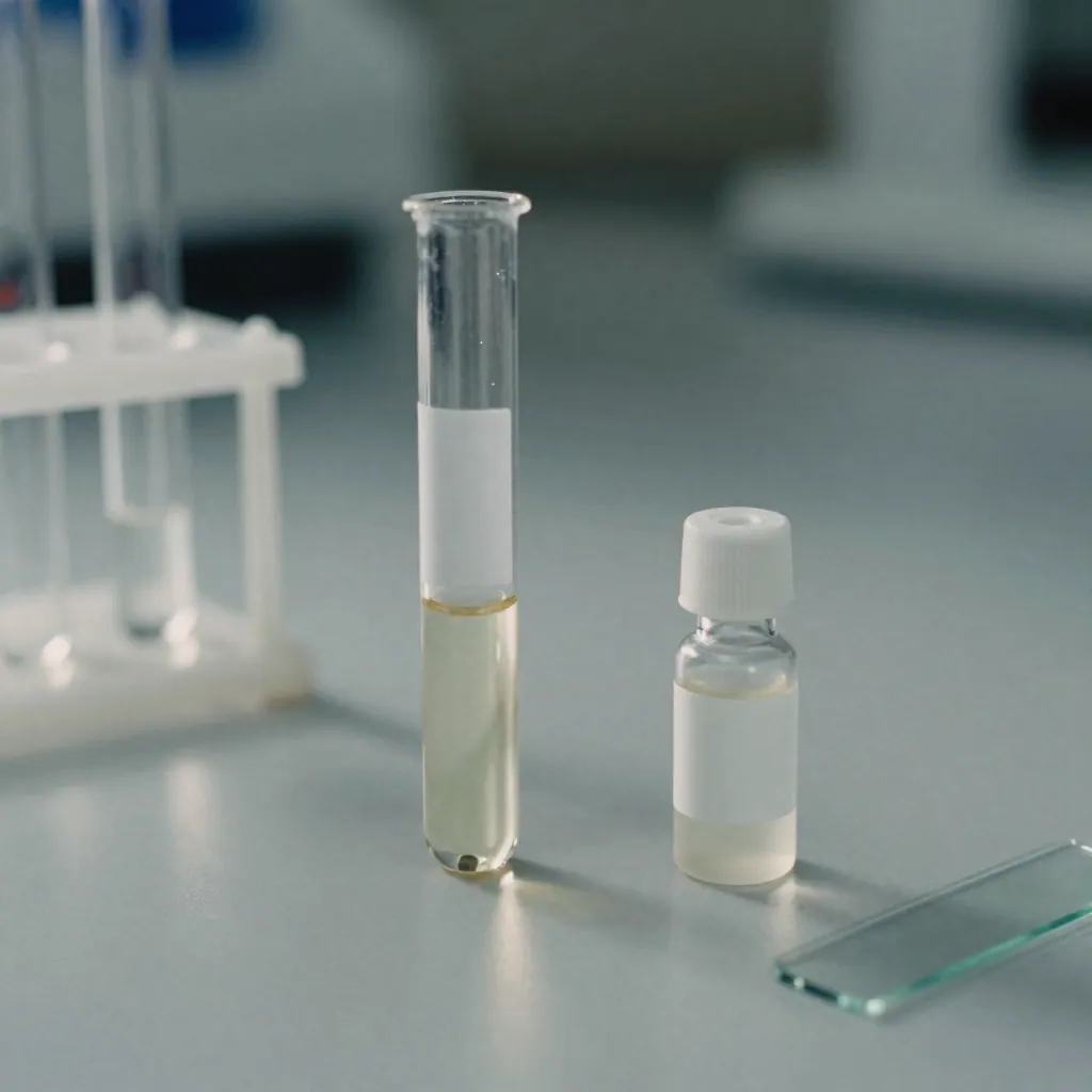 Unlabeled sample tube and vial on a lab bench in soft side light.