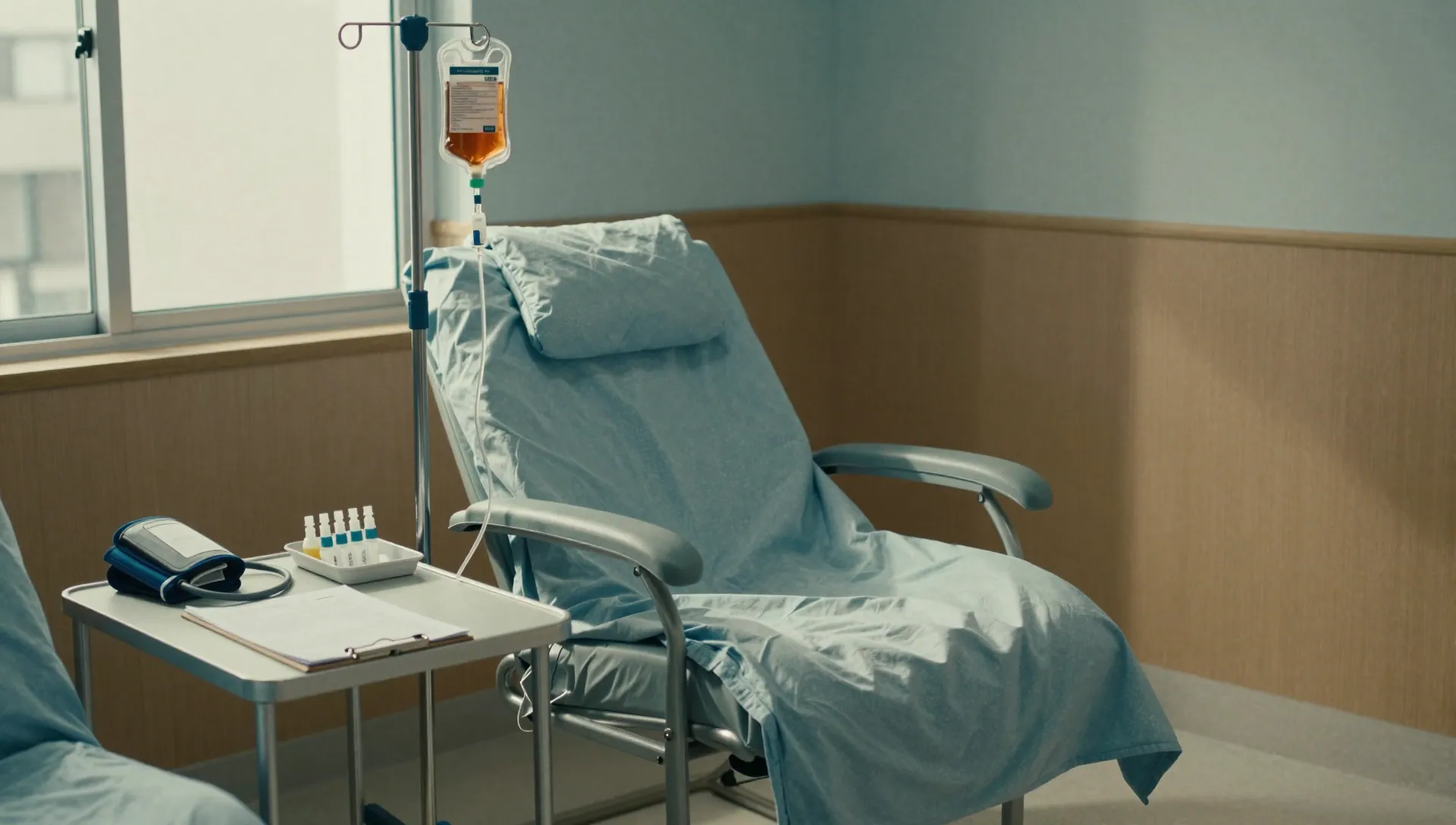 Empty infusion chair and IV pole with iron solution in a sunlit clinic bay, wide view
