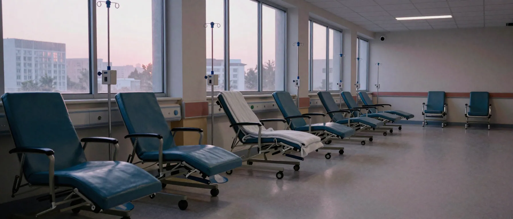 Empty infusion ward at dawn with reclining chairs, IV poles and tall windows.
