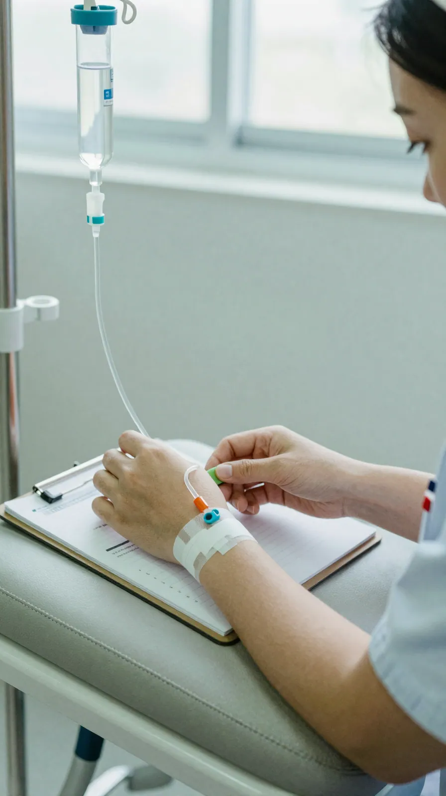 Nurse's hands checking an IV line on a forearm during an infusion.