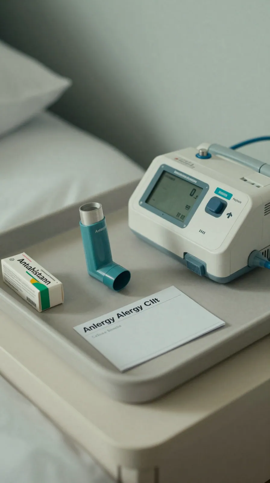 Bedside tray with inhaler, plain medicine box and blank alert card near an infusion pump.