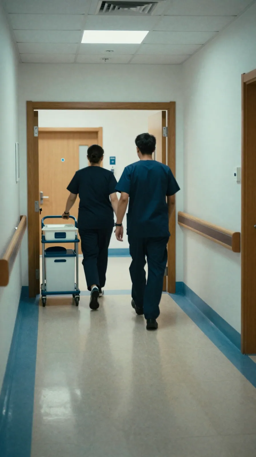 Staff member in scrubs walking briskly toward an infusion room doorway.