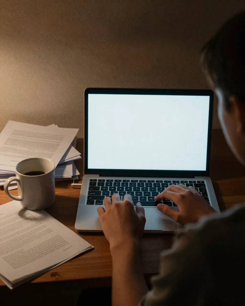 Hands typing on a glowing laptop at a cluttered night desk, stack of papers beside it.