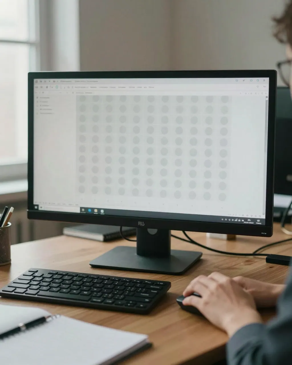 A recruiter's hand at a mouse before a monitor showing an abstract grid of candidate rows.