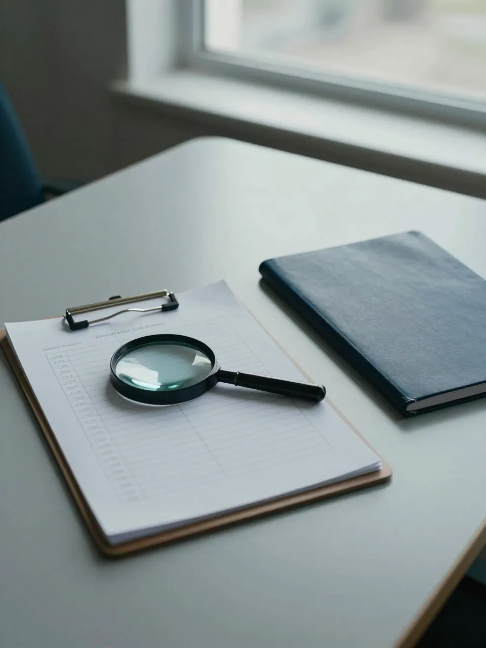 Clipboard with blank checklist and magnifying glass on a polished desk beside a closed folder.
