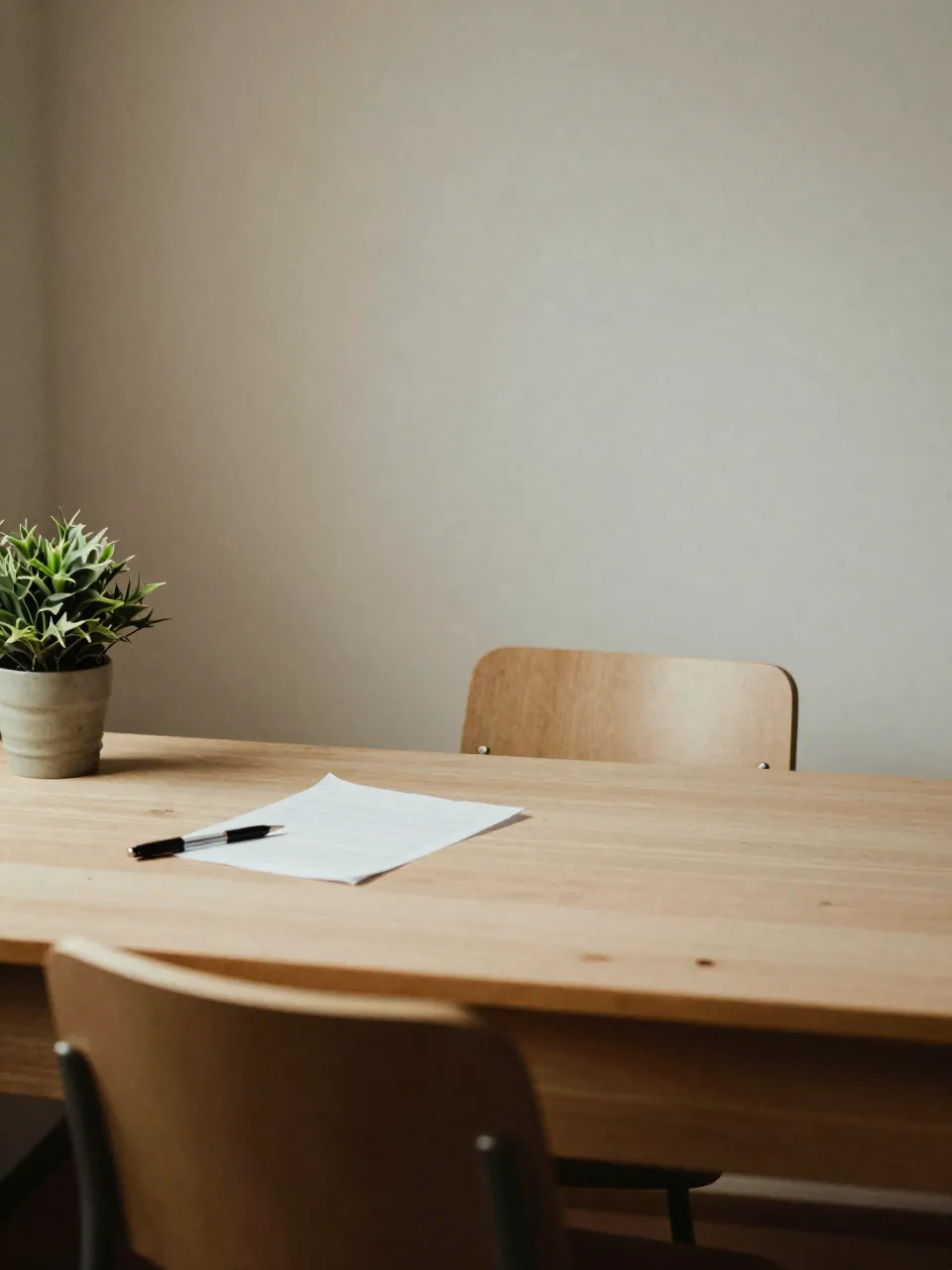 Sparse desk with a single loose sheet, pen and small plant in soft afternoon light.