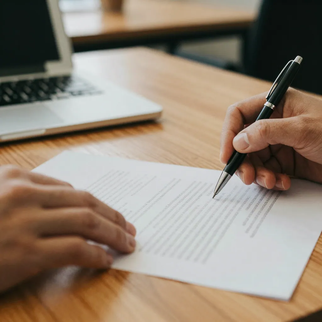 Close-up of two hands across a desk with a printed sheet and pen, laptop blurred at the edge.